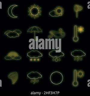 Wettersymbole eingestellt. Illustration von 16 Wettervektor-Symbolen Neonfarbe auf Schwarz Stock Vektor