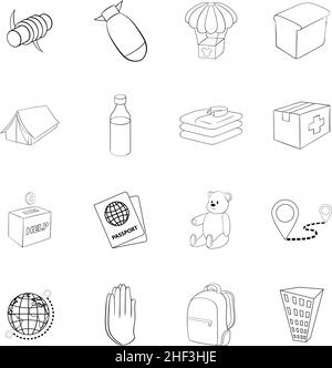 Flüchtlinge setzen Symbole im Umrissstil isoliert auf weißem Hintergrund Stock Vektor