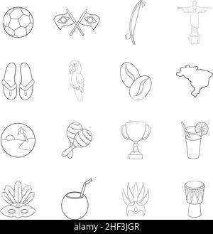 Brasilien Reise-Set Symbole in Umriss-Stil isoliert auf weißem Hintergrund Stock Vektor