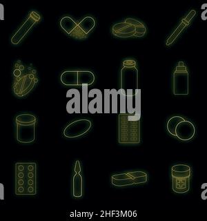 Symbole für Arzneimittel eingestellt. Illustration von 16 Medizin Drogen Vektor-Icons Neonfarbe auf schwarz Stock Vektor