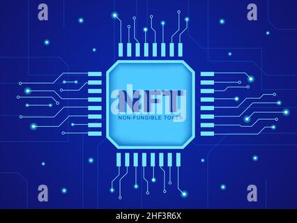 NFT nicht fungible Token Crypto Art der Umwandlung in ein digitales Netzwerk mit Coin Servern für Banner oder Poster in flacher Hintergrundgrafik Stock Vektor