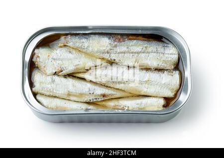 Offene Sardinen können auf weißem Hintergrund isoliert werden, Draufsicht Stockfoto