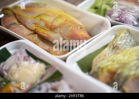 Tilapia ist in einer Polyethylenpolymerverpackung verpackt Stockfoto