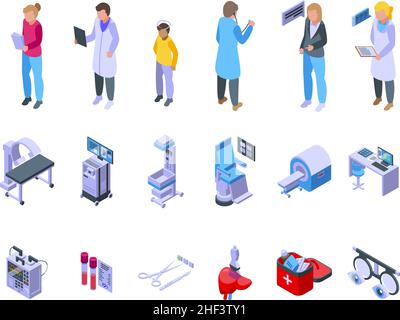 Symbole für medizinische Untersuchungen legen den isometrischen Vektor fest. Integritätsprüfung. Medizinischer Test Stock Vektor