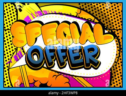Text für Sonderangebot. Comic-Wort auf abstraktem Hintergrund. Illustration im Retro-Pop-Art-Stil. Verkauf, Shopping, Shop Einzelhandel Geschäftskonzept. Stock Vektor