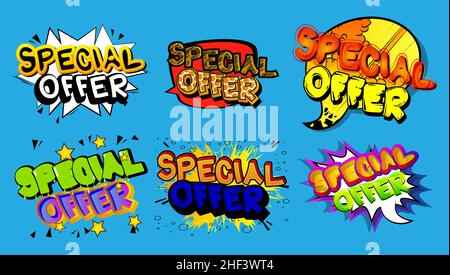 Text für Sonderangebot. Comic-Wort auf abstraktem Hintergrund. Illustration im Retro-Pop-Art-Stil. Verkauf, Shopping, Shop Einzelhandel Geschäftskonzept. Stock Vektor