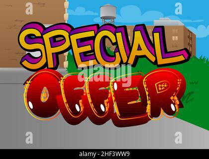 Text für Sonderangebot. Comic-Wort auf abstraktem Hintergrund. Illustration im Retro-Pop-Art-Stil. Verkauf, Shopping, Shop Einzelhandel Geschäftskonzept. Stock Vektor