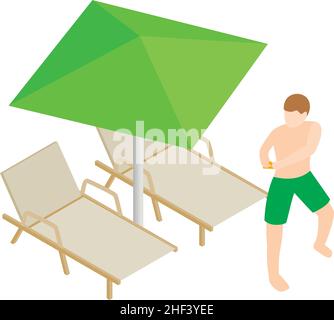 Isometrischer Vektor für den Urlaub am Strand. Mann in der Nähe von Chaiselongue und Sonnenschirm. Urlaubs- und Reisekonzept, Sommerzeit Stock Vektor