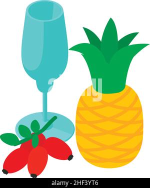 Isometrischer Vektor des Symbols für Vitamin-Drink. Glas mit Stielstielung, rote Hagebutte und Ananas. Bio-Produkt, natürliche Zutat, gesunde Lebensweise Stock Vektor