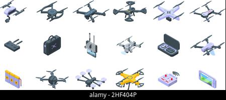 Symbole für die Luftvideographie legen den isometrischen Vektor fest. Drohnenkamera. Aero-Filmaufnahmen Stock Vektor
