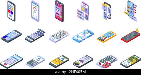 Symbole für mobile Apps legen einen isometrischen Vektor fest. Telefonnummer des Kunden. Soziale Erfahrung Stock Vektor
