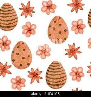 Aquarell handgezeichnetes Boho Easter nahtloses Muster, beige gedeckte geschlechtsneutrale Farben, braun grüne Khaki Easter Eggs florale Blätter. Geometrische abstrakte Formen Hintergrund Stockfoto