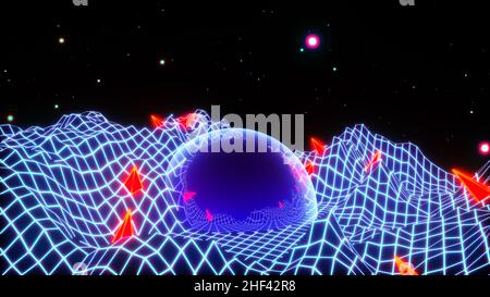 Neon Grid Berglandschaft im 80s Synthwave oder retrowave Stil mit Glaskuppel oder Kugel und roten dreieckigen Spitzen. Arcade-Spielstil Stockfoto
