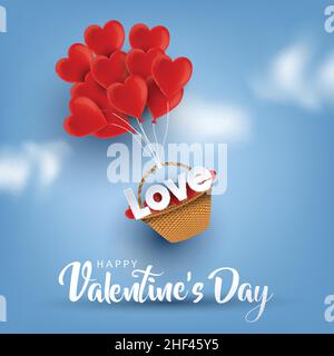 Happy Valentinstag kreativ. Liebe Korb mit Gruppe von Stickstoff Ballon. vektor-Illustration Design Stock Vektor
