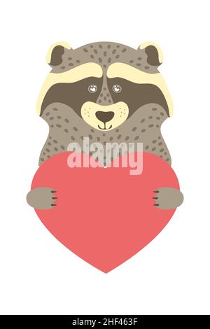 Niedlichen Cartoon Waschbär Tier hält ein Herz-Zeichen mit Kopierraum. Set valentinstag Grußkarte Banner Einladung Flyer Broschüre. Cartoon Hand gezeichnet Stock Vektor