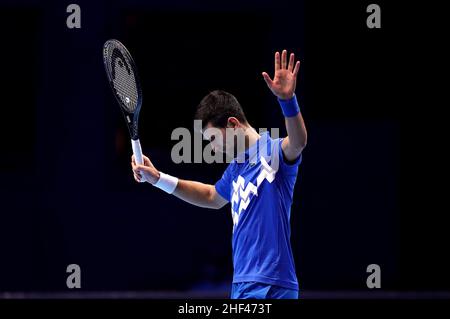 Aktenfoto vom 21-11-2020 von Novak Djokovic. Die Zukunft von Novak Djokovic bleibt unklar, während die Australian Open ansteht. Noch weniger als 72 Stunden vor dem ersten Ball im Melbourne Park war unklar, ob der Titelverteidiger und der Top-Seed teilnehmen oder aus dem Land abgeschoben werden könnten. Ausgabedatum: Freitag, 14. Januar 2022. Stockfoto