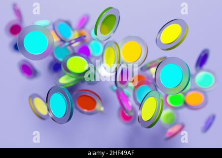 3D Abbildung Bunte Tabletten fliegen auf einem violetten Hintergrund. Kapsel, Drag Medicine Stockfoto