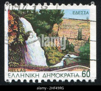 GRIECHENLAND - UM 1994: Briefmarke gedruckt von Griechenland, zeigt Edessa, Wasserfall, um 1994 Stockfoto