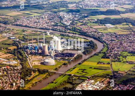 Luftaufnahme des Kraftwerks Grosskrotzenburg, Main, Deutschland, Hessen Stockfoto