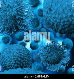 Blaue mikroskopische COVID-Elemente, schwebend Stockfoto