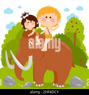 Prähistorische Landschaft mit Kindern, die auf einem Mammut reiten. Stockfoto