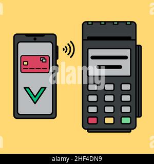 Bankterminal in flachem Stil auf isoliertem Hintergrund. Bezahlung per Smartphone. Vektorgrafik. Stock Vektor