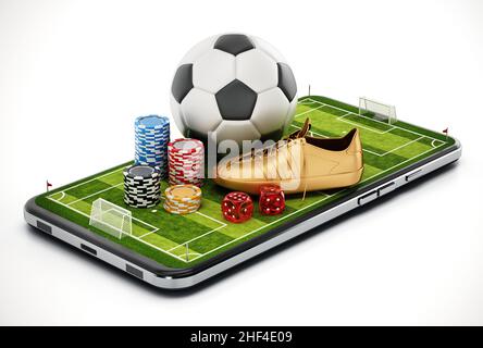 Casino-Chips, Fußball und Würfel stehen auf dem Smartphone mit Fußballplatz. 3D Abbildung. Stockfoto