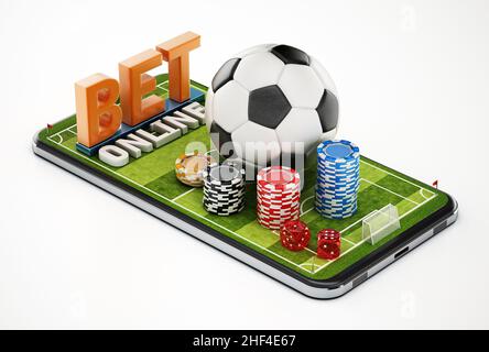 Casino-Chips, Fußball und Würfel stehen auf dem Smartphone mit Fußballplatz. 3D Abbildung. Stockfoto