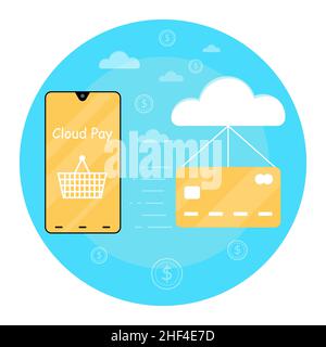 Internet-Zahlung mit einem Smartphone. Die Wolke und die Bankkarte fliegen. Vektor-Konzept-Illustration in flachem Stil. Stock Vektor