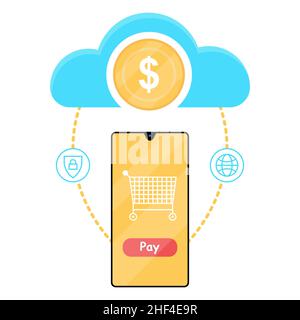 Cloud-Online-Zahlung mit einem Smartphone. Online-Shopping. Sicherheit und Komfort bei Zahlungen im Internet. Vektorgrafik im flachen Stil. Stock Vektor
