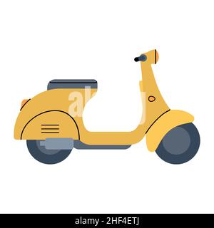 Gelber Retro-Roller. Transport für schnelle Lieferung. Elektrisches Moped. Vektorgrafik in flacher Form auf weißem, isoliertem Hintergrund. Stock Vektor