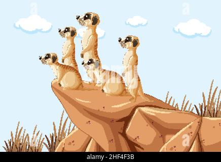 Wüstenhintergrund mit einer Gruppe von Erdmännchen Illustration Stock Vektor