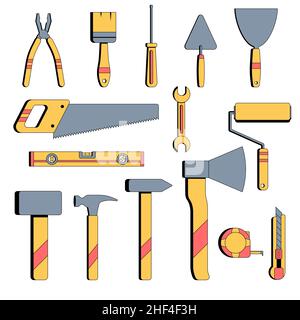 Satz gelber Bauwerkzeuge. Reparaturwerkzeuge für Mitarbeiter. Vektorillustration in flacher Form auf weißem isoliertem Hintergrund. Schneidmesser, Säge, Malerwalze, Pinsel, Schraubenschlüssel, Schraubendreher Zimmermannsebene. Stock Vektor