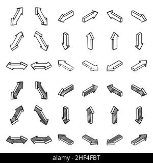 Satz isometrischer Pfeile. 3D Schwarz mit Schraffur und ohne. Verwenden Sie diese als Seitenzeiger, Laden, Cursor, Aktualisieren. Isolierte Vektorillustration auf weißem Hintergrund. Stock Vektor