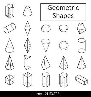 Set aus 3D geometrischen Formen. Grundlegende isometrische Formen. Lineare Objekte. Isolierte Vektorgrafik auf weißem Hintergrund. Stock Vektor