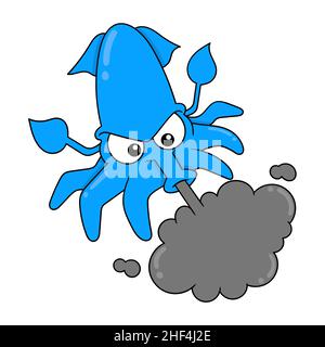 Wütend blau Tintenfisch spucken schwarze Tinte, Vektor-Illustration Kunst. Doodle Symbol Bild kawaii. Stock Vektor