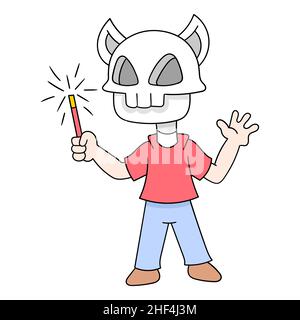 Schädel Kopf Mann hält Neujahr Feuerwerk, Vektor-Illustration Kunst. Doodle Symbol Bild kawaii. Stock Vektor