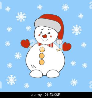 Nette lustige Weihnachten Schneemann in einem Winterhut, Vektor-Illustration Stock Vektor