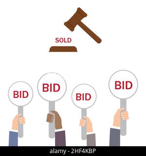 Auktion, die Hände der Menschen mit Zahlen angehoben, Farbe isoliert Vektor-Illustration auf einem weißen Hintergrund Stock Vektor