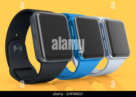 Set von blauen Smart-Uhren oder Fitness-Tracker auf orangefarbenem Hintergrund isoliert. Stockfoto