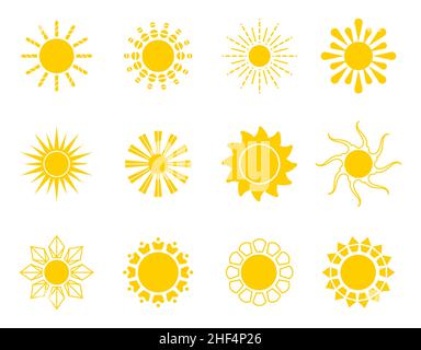 Vektor für Symbole der hellen Sonne. Sunset Logo in verschiedenen Designs auf weißem, isoliertem Hintergrund. Gelbe Sonne Symbol Silhouette. Klima, Wetter, Strahlen Elemente. Stock Vektor