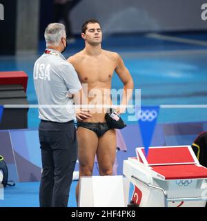 26th. JULI 2021 - TOKIO, JAPAN: Michael Andrew aus den Vereinigten Staaten vor dem Breaststroke-Finale der Männer 100m bei den Olympischen Spielen 2020 in Tokio (Foto Stockfoto