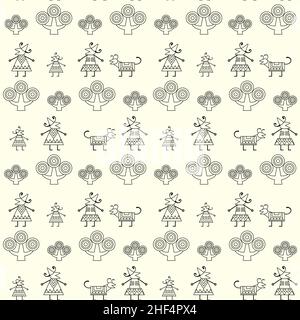 Abstraktion Menschen Hund Bäume geometrische Formen nahtlose Linienmuster auf weißem Hintergrund einfach Stock Vektor