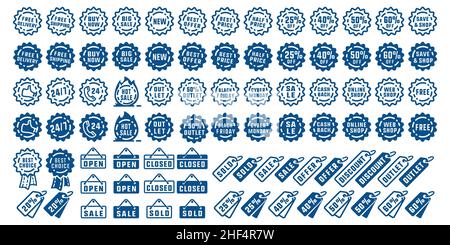 Shopping Verkauf Labels Set. Sammlung von Etiketten und Abzeichen für Verkauf, Shopping, Angebot, Rabatt, Promotion und Online-Shop. Vektor und Illustration. Stock Vektor