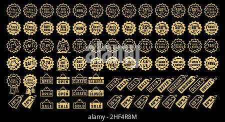 Shopping Verkauf Labels Set. Sammlung von Etiketten und Abzeichen für Verkauf, Shopping, Angebot, Rabatt, Promotion und Online-Shop. Vektor und Illustration. Stock Vektor
