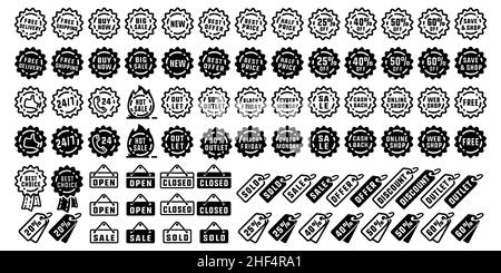 Shopping Verkauf Labels Set. Sammlung von Etiketten und Abzeichen für Verkauf, Shopping, Angebot, Rabatt, Promotion und Online-Shop. Vektor und Illustration. Stock Vektor