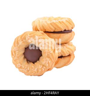 Ringförmige Buttergebäck-Butterbrot-Sandwichkekse mit Schokocreme-Füllung, mit Zucker bestreut Stockfoto