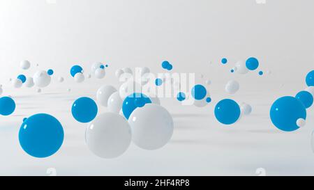 3D abstrakte Illustration, verschiedene weiß-blaue Pastellkugeln schwebend Stockfoto
