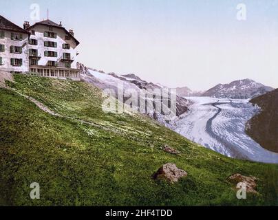 Hotel Belalp und Aletschgletscher, Belalp, Wallis, Schweiz 1890. Stockfoto