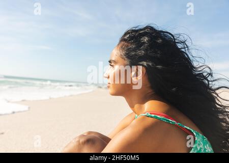 Seitenansicht einer nachdenklichen jungen Birazialfrau mit langen schwarzen Haaren und Blick auf den Strand Stockfoto